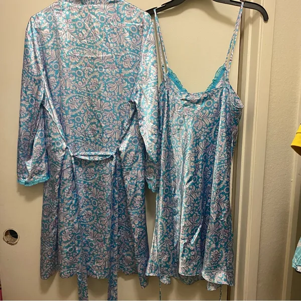 Vintage Adonna Womens Paisley Short Nightgown And & Robe Set L 42” Blue Floral - Image 8