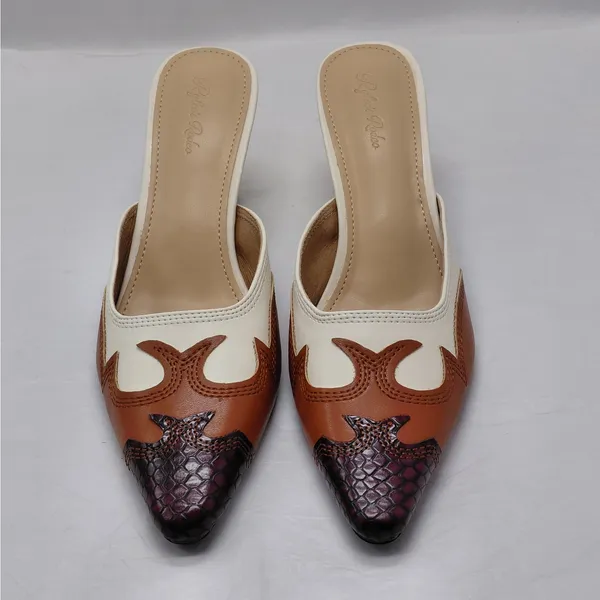 Rylee's Rodeo Western Heels Sz 10 Ivory Brown Pointed Toe Coastal Cowgirl Mules - Image 14