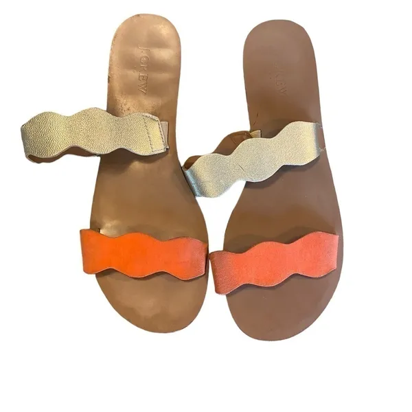 J.Crew Scalloped gold Metallic orange Leather Sandals slides Resortwear Vacation - Image 3