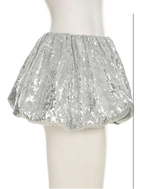 NEW Bubble Mini Skirt Sequin Sparkly High Elastic Waisted Puffy Balloon Short S - Image 3