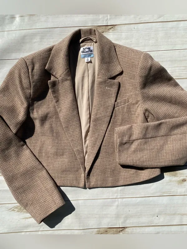 Future Collective tan wool plaid cropped blazer equestrian preppy fall jacket M Size M - Image 7