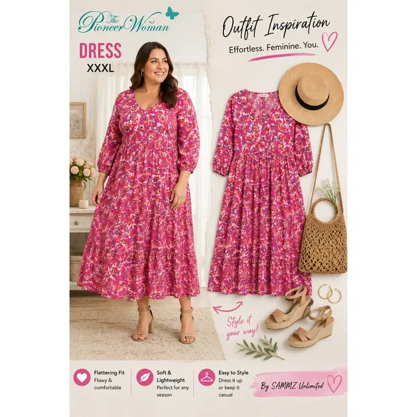 The Pioneer Woman Women Maxi Dress 3XL Pink Floral Tiered Rayon Boho Cottagecore - Image 2