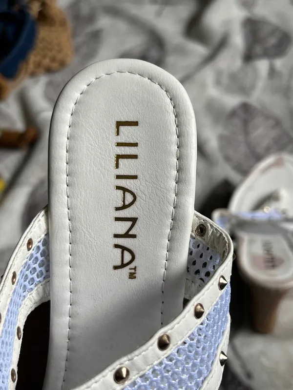 Liliana White Cork Wedge Thong Sandals with Stud Accents - Image 10