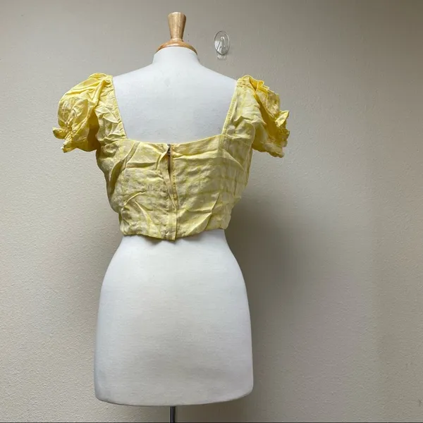 Capulet Keyla Yellow Plaid Linen Puff Sleeve Crop Top XL - Image 3