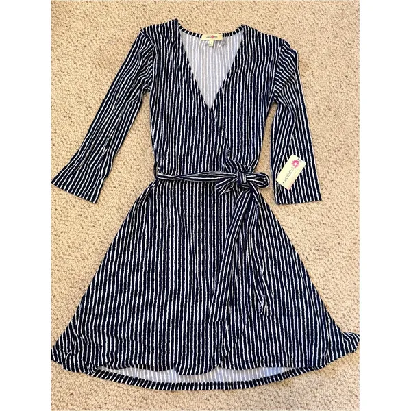 Navy White Striped Wrap‎ Dress Small NWT Office Work - Image 2