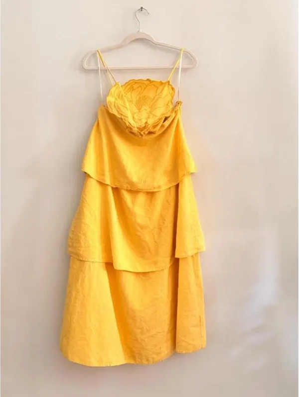 Farm Rio 3D Floral Tiered Midi Dress Yellow Cutout Linen Blend - Image 2