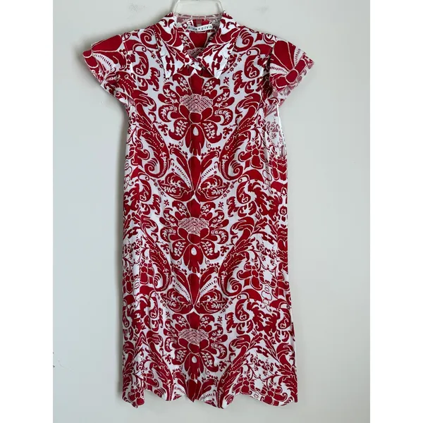 Alice + Olivia Shirt Dress Dress Womens S Red White Damask Flutter Sleeve - Image 2