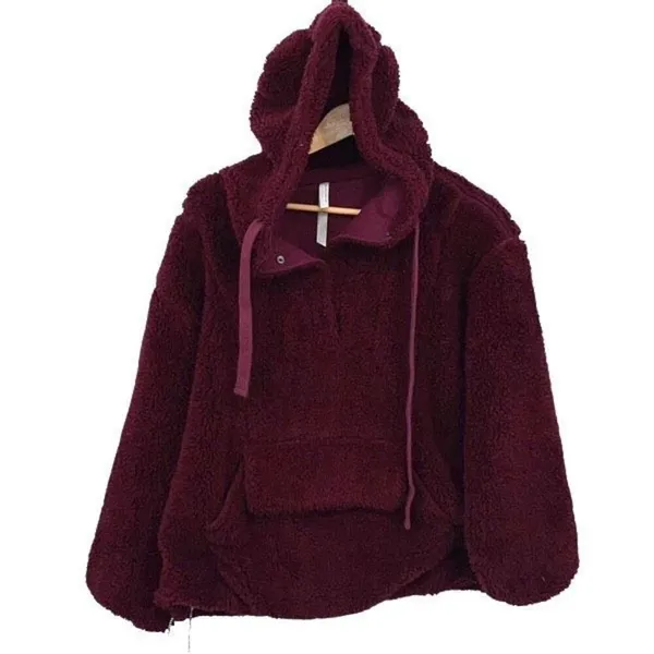 Free People Run My‎ Way Fleece Sherpa Jacket Oversized Plush Hoodie Maroon Small - Image 2