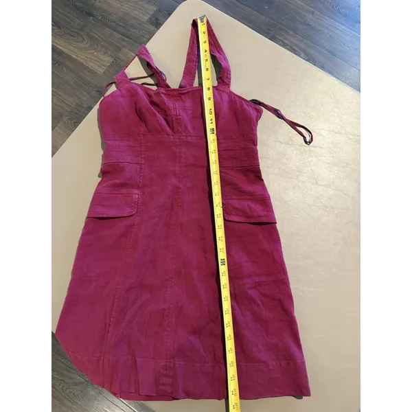 Anthropologie Square Neck Linen Blend Mini Cargo Stretch Dress 10 Burgundy Boho - Image 9