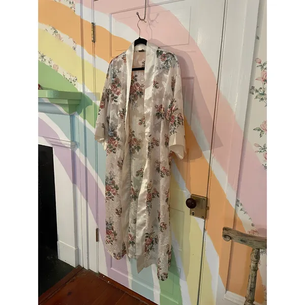 Vintage Kathryn Sheer Floral Lace Kimono Robe Duster Cover Up Satin Size Small - Image 2