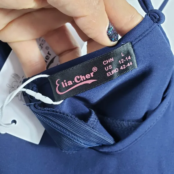 Elia Cher NEW Blue Spaguetti Strap Sexy Open Back Pocket Dress Size L - Image 9