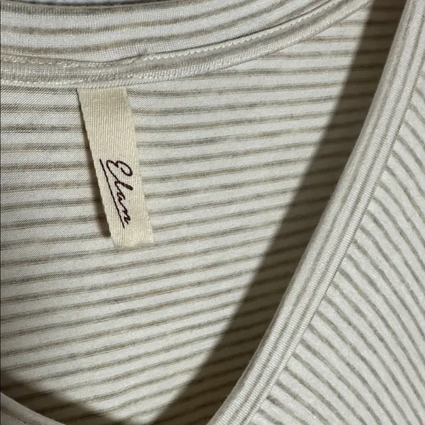Elan Cream Striped V Neck Short Sleeve Tee Double Layer Soft Asymmetrical Top - Image 5