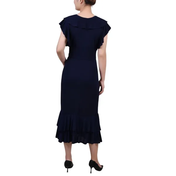 NWT Ny Collection Womens Petite Flutter Sleeve Ruffle Midi Dress Navy Blue PM - Image 2