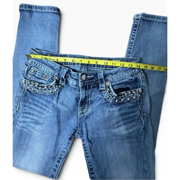 Miss Me Signature Cuffed Skinny Jeans Medium Wash Embellished Studded Size 28 - Image 7
