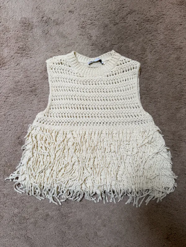 Zara Cream Crochet Fringe Tank Top - Image 3