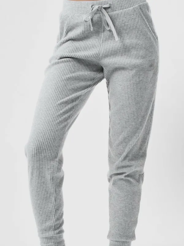 Alo Yoga Muse Women's Cozy Rib Knit Jogger Pants - Light Gray - Image 2