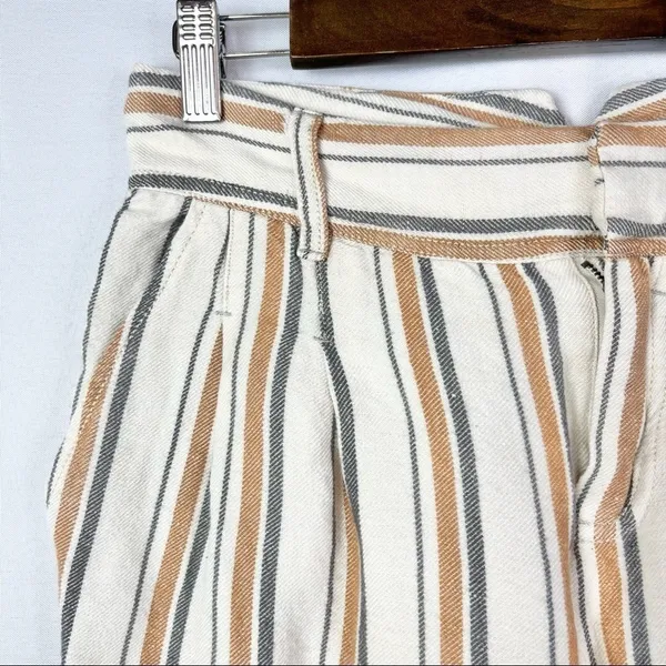 Free People Beige &‎ Orange Stripe Pleated Cropped Linen Trousers 2 - Image 3
