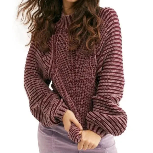 Free People Sweetheart Sweater Mock Neck Chunky Knit Balloon Sleeve Cotton - Image 2