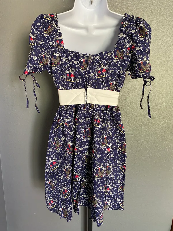 Unique Vintage NWT Retro Navy Mushroom and Rooster Dress LARGE - Image 7