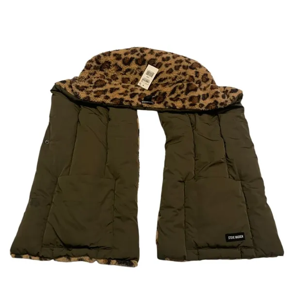 Steve Madden Reversible Puffer‎ Scarf Womens OS Olive Leopard Faux Fur Mob Wife - Image 2