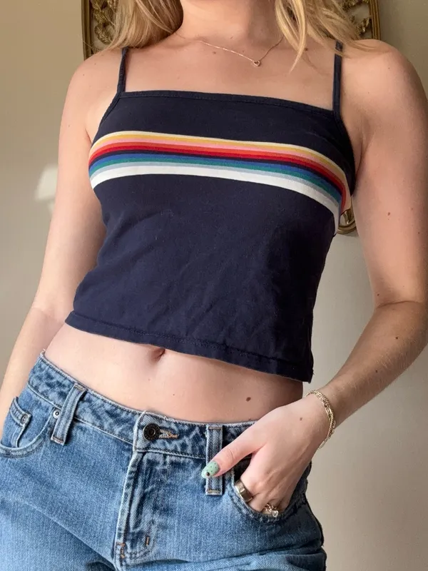 John Galt Brandy Melville Navy Rainbow-Strip Crop Tank Top - Image 6