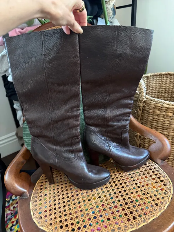 Frye Harlow Campus Chocolate Brown Leather Heeled Boho Western Tall Slouch Boots - Image 2
