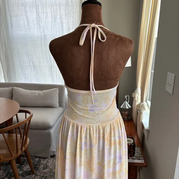 Pastel Watercolor Floral Mesh Halter Midi Dress Ruched Summer Girly Whimsy Small - Image 5