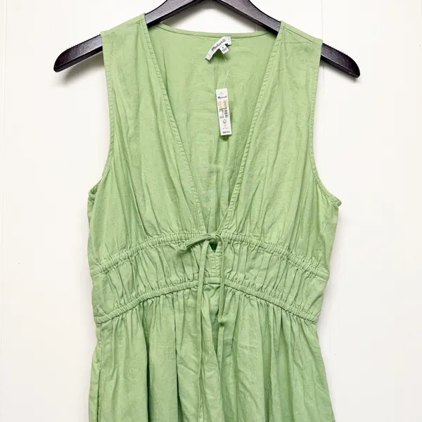 NWT MADEWELL Linen Sophia Deep V Mini Seedling Green Dress Medium - Image 5