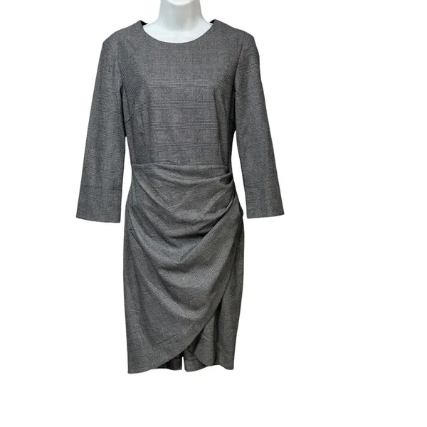Zara Basic Grey Glen Plaid Draped Tulip Sheath Dress 3/4 Sleeve Size M - Image 3
