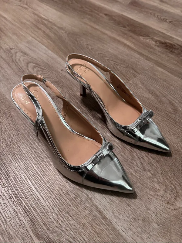 Crown & Ivy Remi Kitten Heel Slingback Silver Women’s 7.5 Bow Pointed Toe Shoes - Image 2