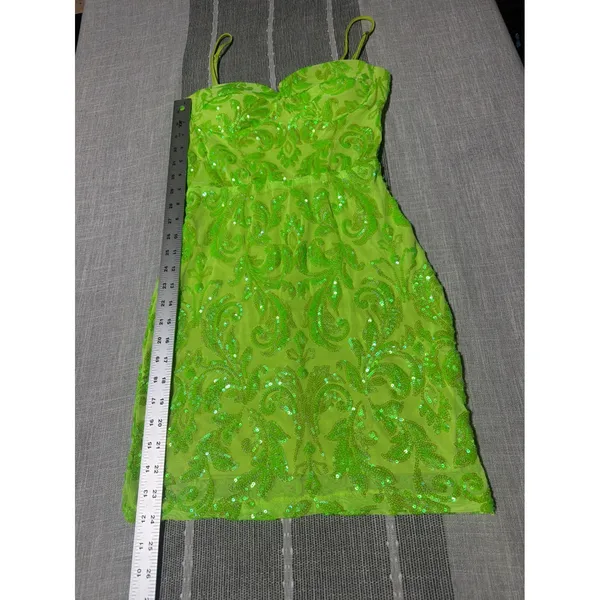 Winsor Neon Lime Green Sequin Damask Mini Dress Small Bodycon Cocktail hoco - Image 2