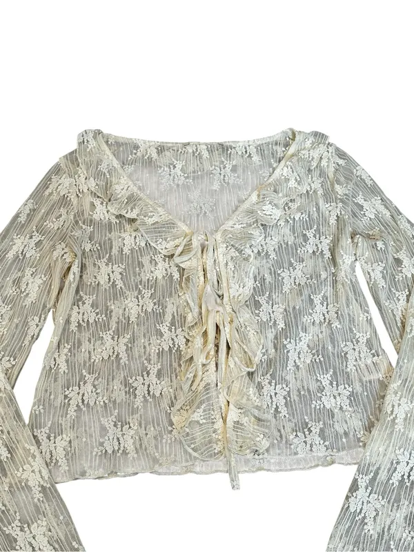 Cream Lace Ruffle Tie Front Cardigan Blouse Flare Sleeve Boho Cottage Feminine - Image 3