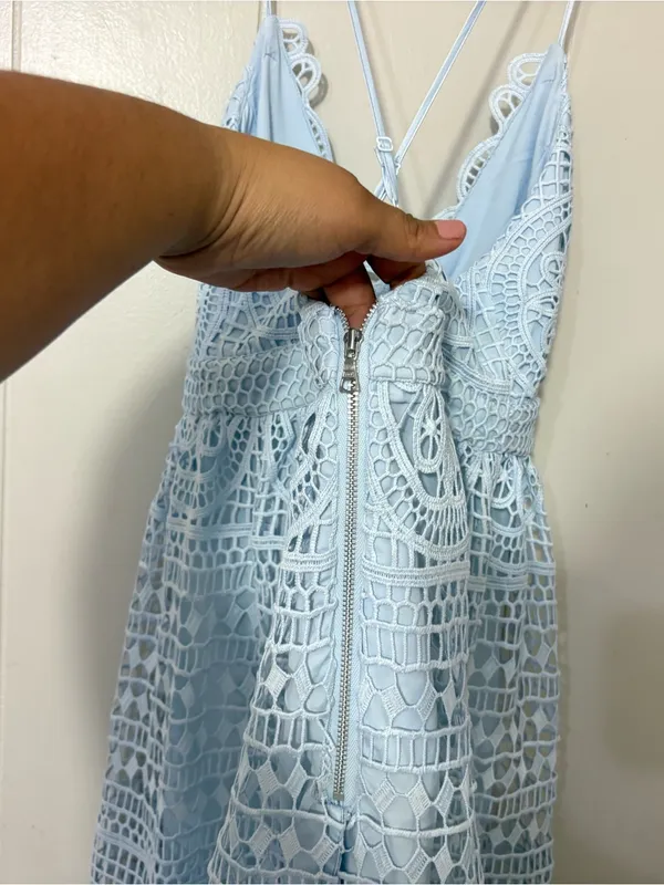 Bardot Versailles Lace Midi Dress Light Blue Crochet Open Back Size 8 - Image 12
