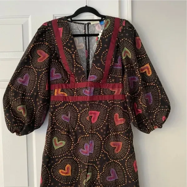 Anthropologie x Farm Rio Jumpsuit M NWT Deep-V Hearts Print Wide-Leg - Image 3