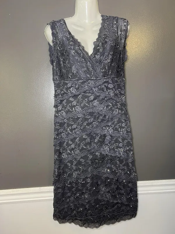 Blu Sage Dress Womens 10 Gray Lace Beaded V Neck Sheath Knee Length Party Formal - Image 2