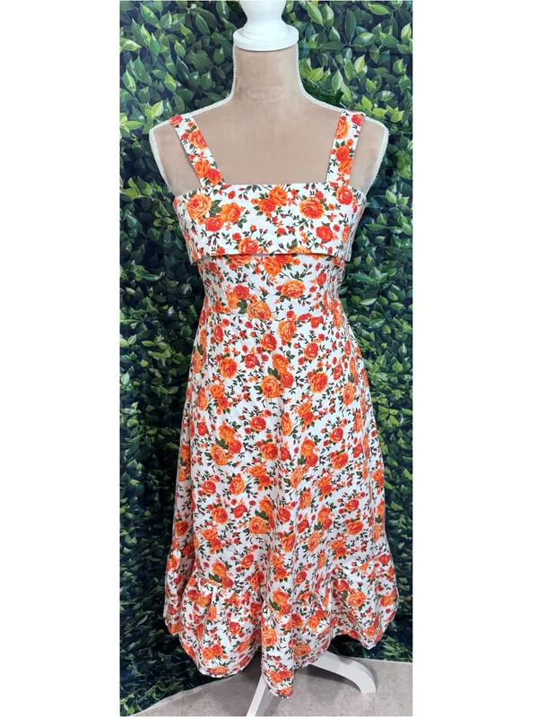 Boutique Floral Garden Party Midi Dress Tie Back Ruffle Hem Cotton Size Medium - Image 4