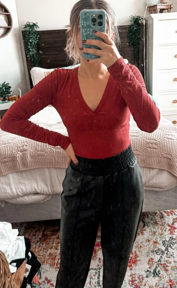 Forever 21 Red Ribbed Button Up Longsleeve Bodysuit - Image 2
