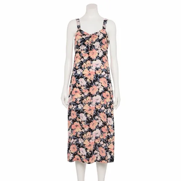 SO Floral Tie-Front Midi Dress Small Black Peach Floral Grunge Fairycore Boho - Image 3