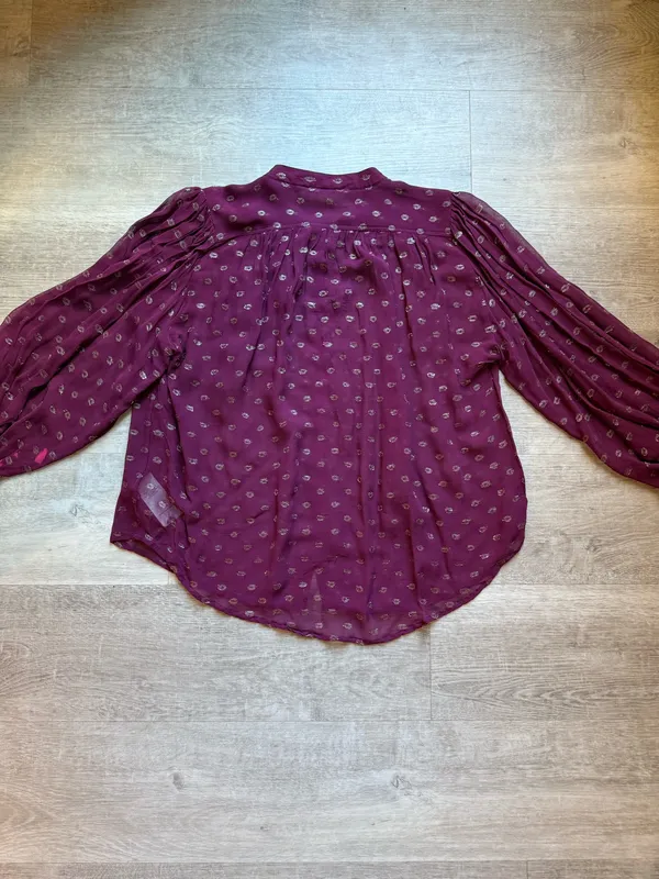 Moulinette Soeurs Anthropologie Allegra Gold Foil Printed Burgundy Blouse Size M - Image 10