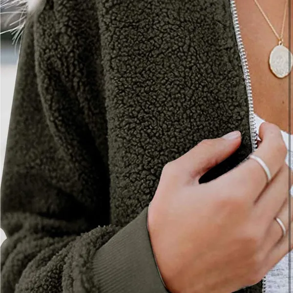 Womens‎ Mirol Sherpa Fleece bomber Faux Fuzzy Size Large Army Green Jacket - Image 3