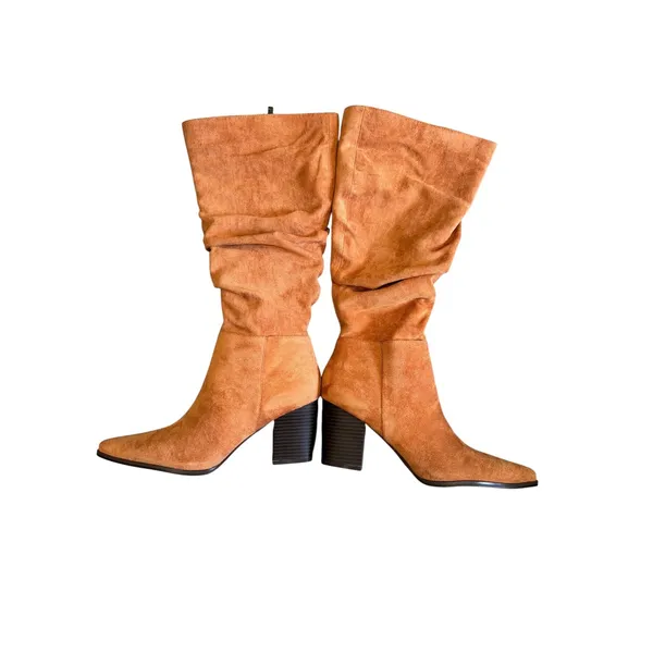 Tan Faux Suede Slouchy Pointed Toe Block Heel Tall Boots Size 10 - Image 2
