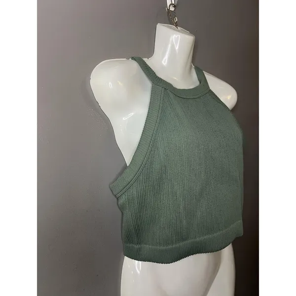 Aerie Tank Top Womens XXL Green Ribbed Halter Cropped Knit Stretch Racerback - Image 2