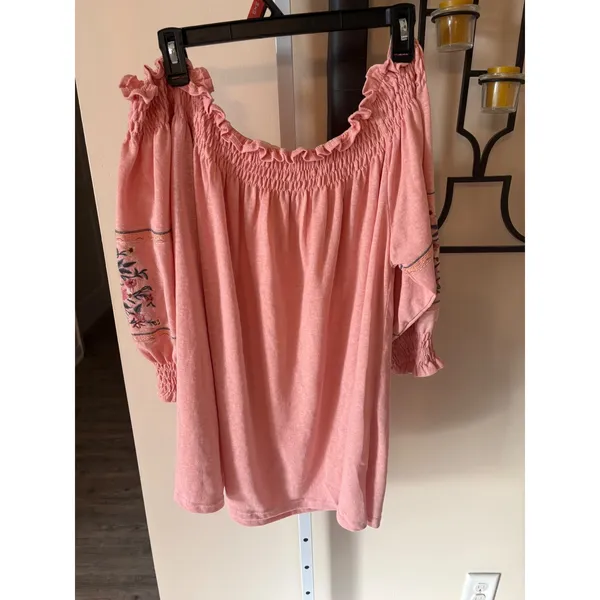 Easel Pink Off The Shoulder Embroidered Floral Boho Peasant Blouse Top Large - Image 5