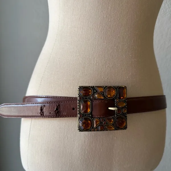 Vintage Jeweled Buckle Leather Belt Women's Medium Brown Elegant Style - Image 3