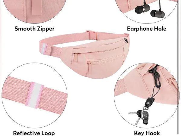 Belt Bag Pink 4 Zipper Pockets Fanny Pack Waist Bag Crossbody Travel Running OC4 - Image 4