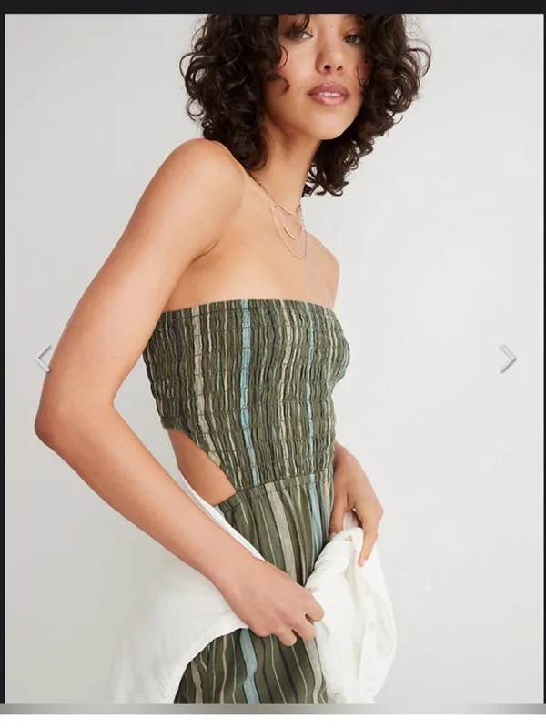 Aerie Strapless Smocked Linen Blend Green Jumpsuit size Small - Image 3