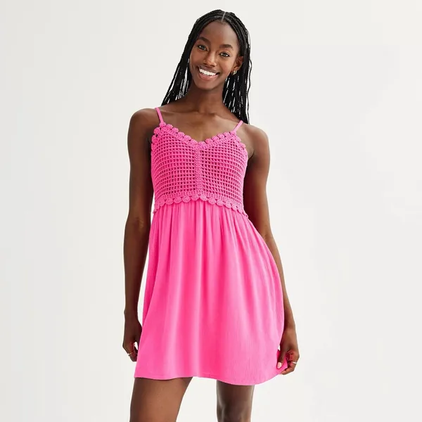 Juniors SO Dress Size L Fuchsia Mini Babydoll Crochet Mixed Media Cami WT - Image 2