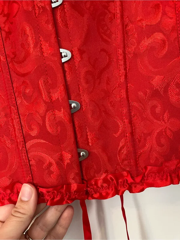 Red Satin Brocade Corset Top Women Intimates lace up strapless plus size 2XL - Image 2
