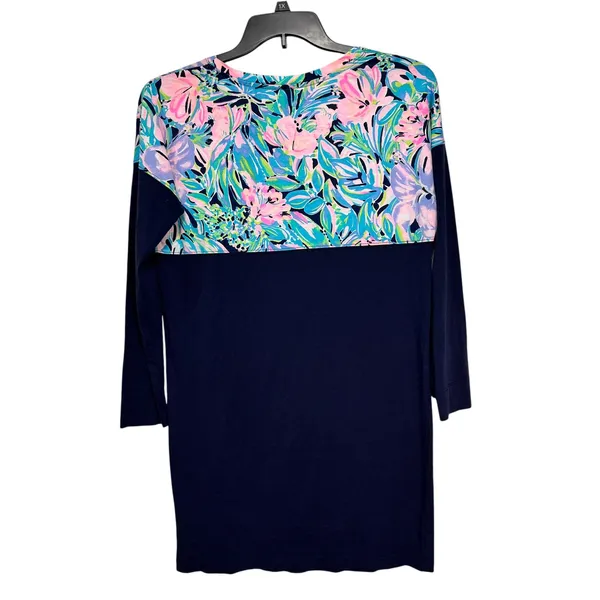 Lilly Pulitzer‎ Etta Dress Navy Blue Floral Pima Cotton Long Sleeve Shift Small - Image 9