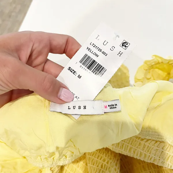 Lush Smocked Cap Sleeve Tie Front Top Blouse Butter Yellow Medium - Image 2